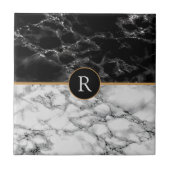 Faux Monogram Trendy Black White Marble Tegeltje (Voorkant)