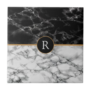 Faux Monogram Trendy Black White Marble Tegeltje