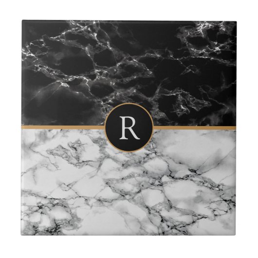 Faux Monogram Trendy Black White Marble Tegeltje (Voorkant)