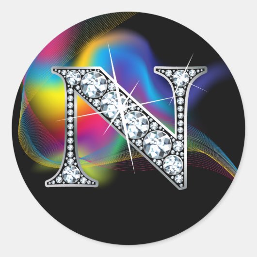 Faux "N" Diamond Bling on Rainbow Swirl Heart Ronde Sticker (Voorkant)