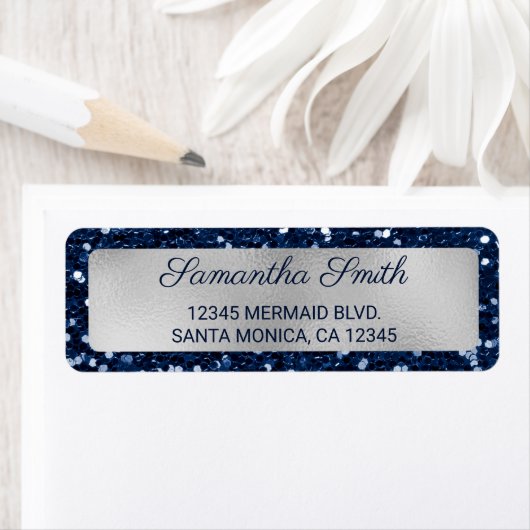 Faux Navy Blue Glitter en Silver Foil Etiket (Insitu)