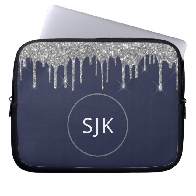 Faux Navy Blue Silver Dripping Glitter Monogram Laptop Sleeve (Voorkant)