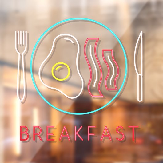 Faux Neon Breakfast Sign Fried Eggs Bacon op Bord Raamsticker (Vel 2)