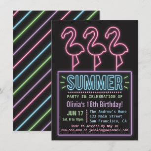 Faux Neon Flamingo Summer 61 Birthday Party Kaart