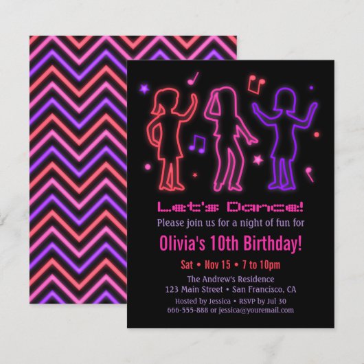 Faux Neon Glow Dance Birthday Party Kaart (Voorkant / Achterkant)