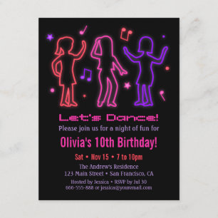 Faux Neon Glow Dance Birthday Party Kaart