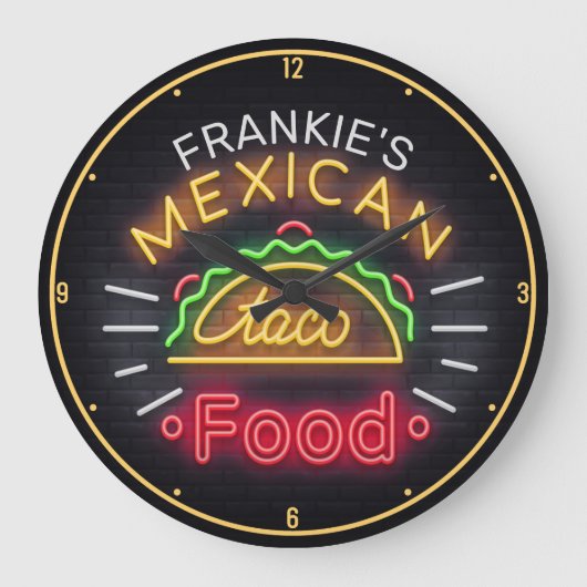 Faux Neon Mexican Food Taco Personalized Diner Grote Klok (Voorkant)