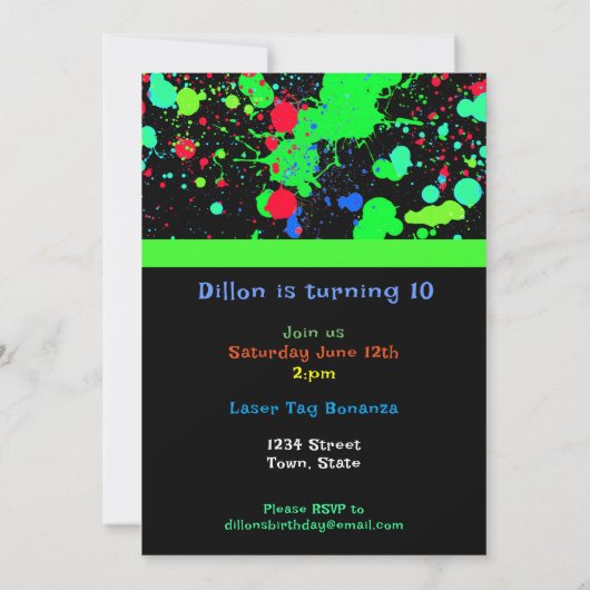 Faux Neon Paint Ball Splatter, Birthday Party Kaart (Achterkant)