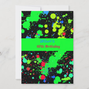 Faux Neon Paint Ball Splatter, Birthday Party Kaart