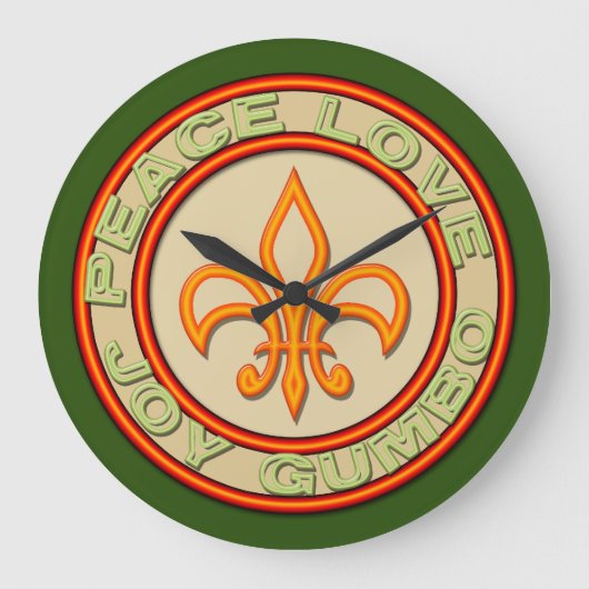 Faux Neon Peace Joy Gumbo Fleur de Lis Grote Klok (Voorkant)