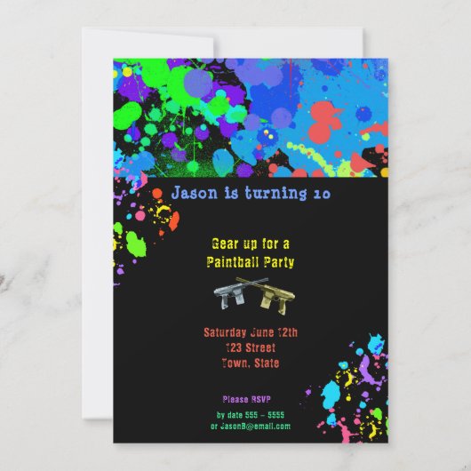 Faux Neon, Verf Splatter, Paintball, Uitnodiging (Achterkant)