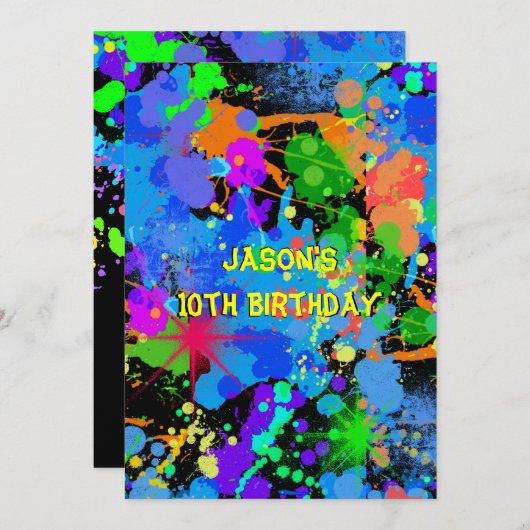 Faux Neon, Verf Splatter, Paintball, Uitnodiging (Voorkant / Achterkant)