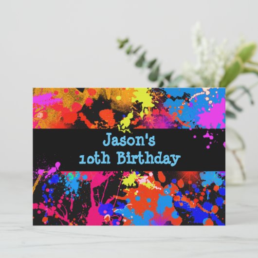 Faux Neon, Verf Splatter, Paintball, Uitnodiging (Staand voorkant)