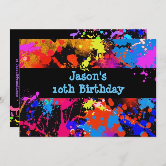 Faux Neon, Verf Splatter, Paintball, Uitnodiging (Voorkant / Achterkant)