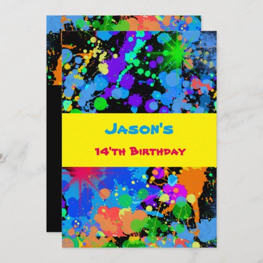 Faux Neon, Verf Splatter, Uitnodiging voor verjaar (Voorkant / Achterkant)