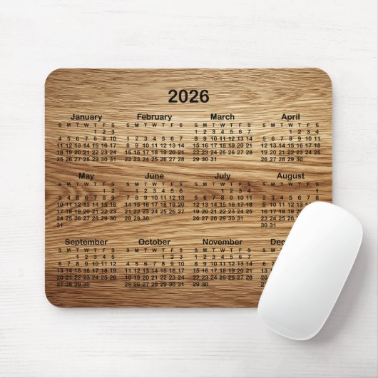Faux Oak Wood 2026 Calendar Muismat (Met muis)