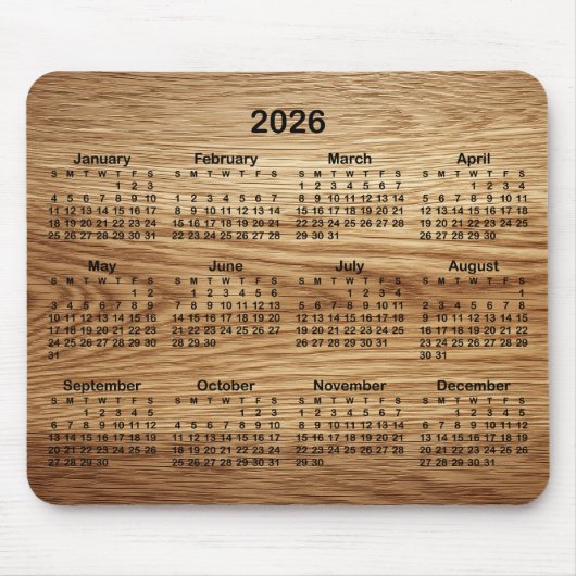 Faux Oak Wood 2026 Calendar Muismat (Voorkant)