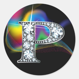 Faux "P" Diamond Bling on Rainbow Swirl Heart Ronde Sticker