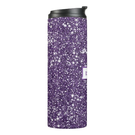 Faux Paars Glitter Textieleffect & Aangepaste naam Thermosbeker (Gedraaid links)