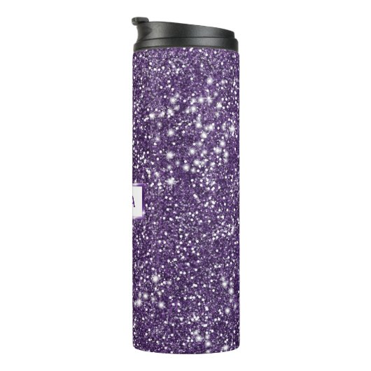 Faux Paars Glitter Textieleffect & Aangepaste naam Thermosbeker (Geroteerd rechts)