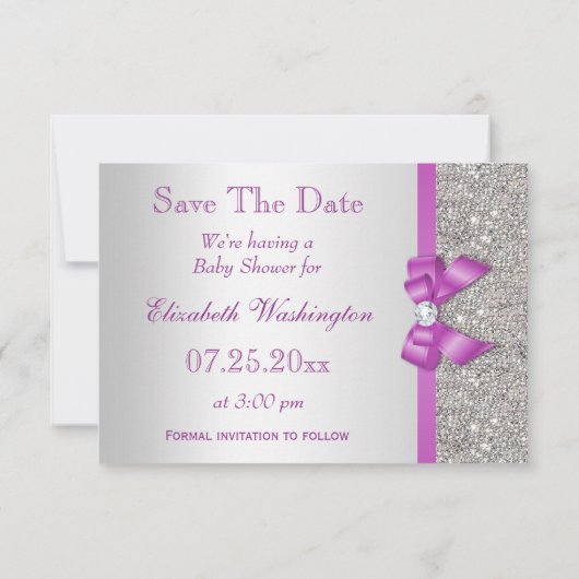 Faux Paarse Bow Diamonds redden het Baby shower Da Save The Date (Achterkant)