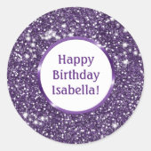 Faux Paarse Glitter Look Custom Happy Birthday Ronde Sticker (Voorkant)