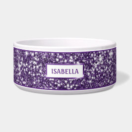 Faux Paarse Glitter Texture look & Your Pet Name Voerbakje