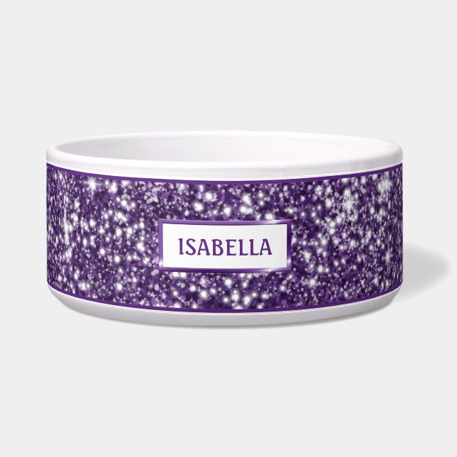 Faux Paarse Glitter Texture look & Your Pet Name Voerbakje (Voorkant)