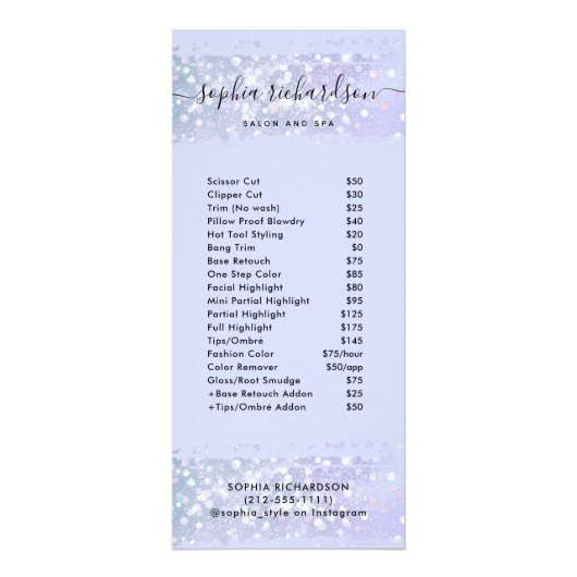 Faux Paarse Iridescent | Salon Price List Services Reclamekaart (Voorkant)