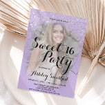 Faux paarse lavender glitter ombre foto Sweet 16 Kaart<br><div class="desc">Een moderne,   faux paarse lavender glitter douche ombre met pastel paarse lavender kleurenblok Sweet 16 verjaardagsfeestuitnodiging met uw aangepaste foto met een paars lavender ombre patroon dat op een paarse achtergrond vervaagt. Perfect voor een prinses Sweet-zestien,  perfect voor haar,  de fashionista die van modern patroon en glam houdt</div>