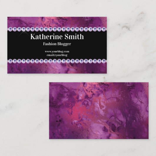 Faux Paarse Marble en Rhinestone Mode Blogger Visitekaartje (Voorkant / Achterkant)