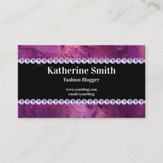 Faux Paarse Marble en Rhinestone Mode Blogger Visitekaartje (Voorkant)