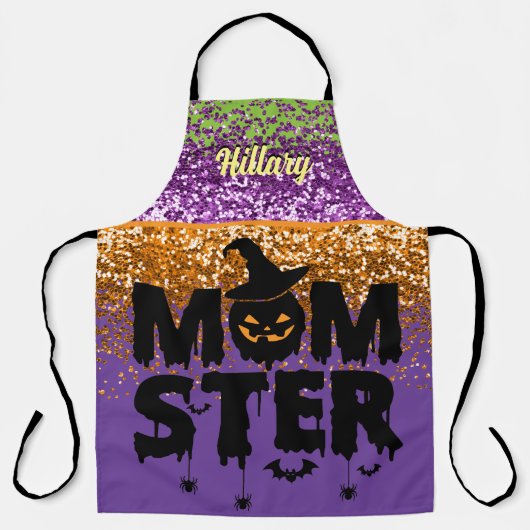 Faux Paarse Oranje Glitter Halloween Momster Schort (Voorkant)