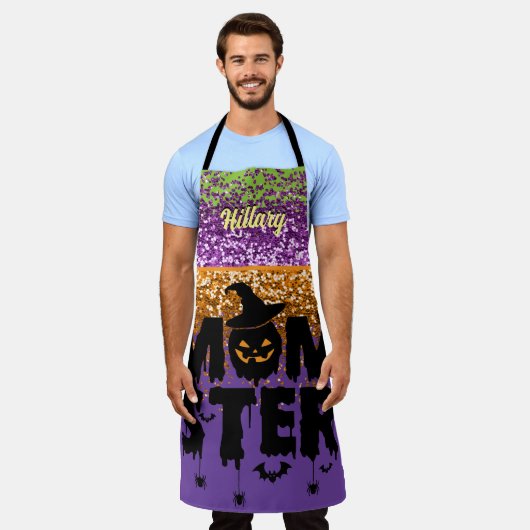 Faux Paarse Oranje Glitter Halloween Momster Schort (Gedragen)