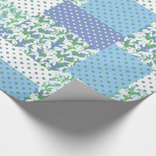 Faux Patchwork Blauw Groen Wit Sneeuwdruppelpatroo Cadeaupapier (Hoek)