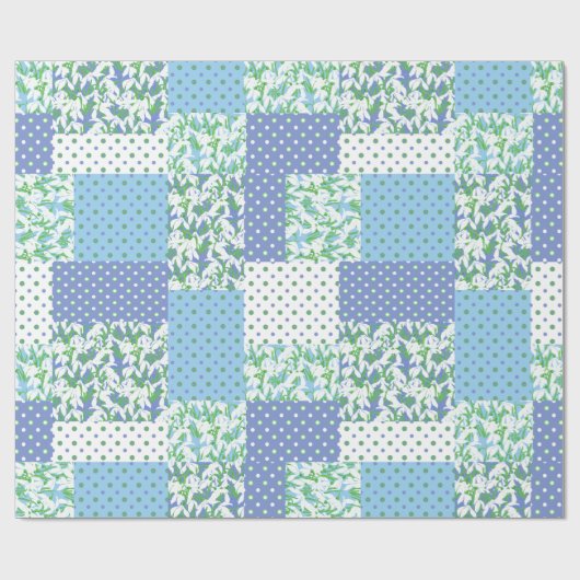 Faux Patchwork Blauw Groen Wit Sneeuwdruppelpatroo Cadeaupapier (Vlak)