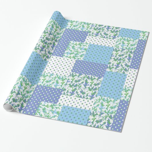 Faux Patchwork Blauw Groen Wit Sneeuwdruppelpatroo Cadeaupapier (Uitgerold)