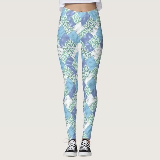 Faux Patchwork Blue Green Snowdrop Patroon Leggings (Voorkant)