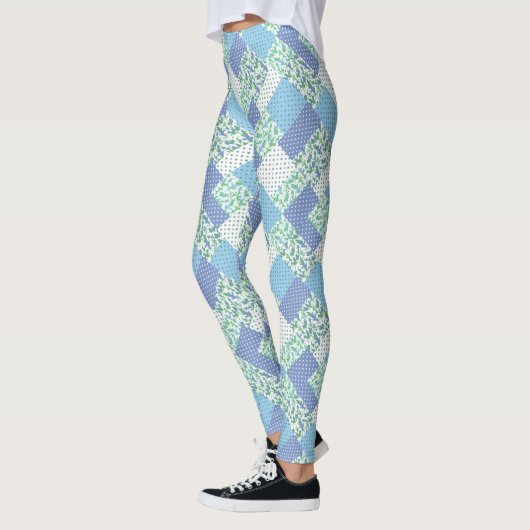  Faux Patchwork Blue Green Snowdrop Patroon Leggings (Links)