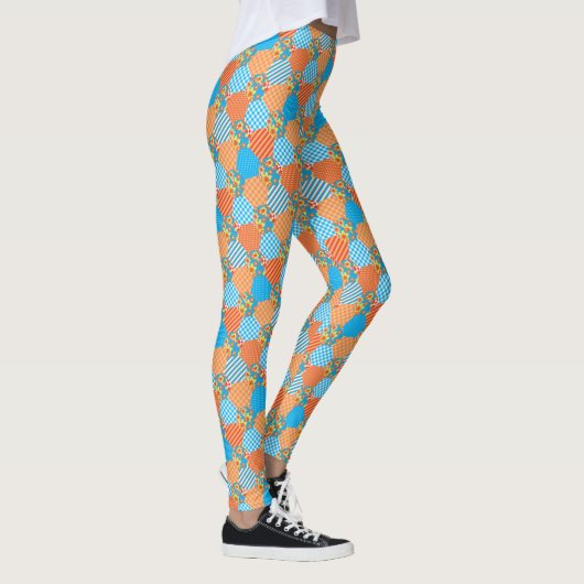 Faux Patchwork Cheques, Bloemen, Strepen, Polka Do Leggings (Rechts)