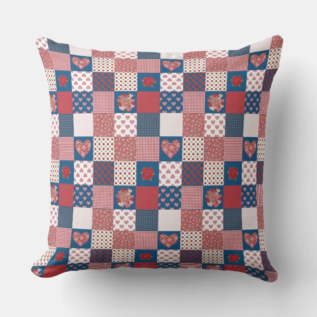 Faux-Patchwork, harten, Rozen, polkas, cheques Kussen (Voorkant)