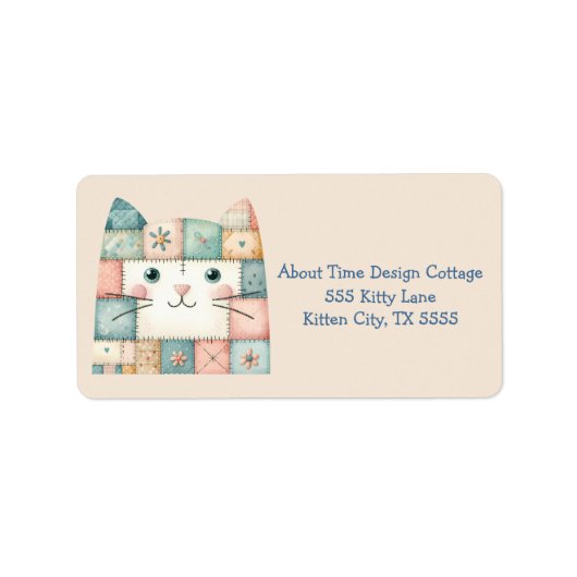 Faux Patchwork Pastel Cottage Kitty Face Etiket (Voorkant)