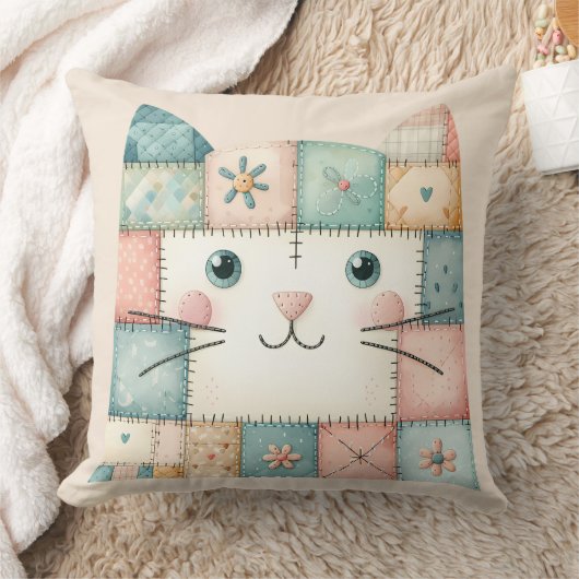 Faux Patchwork Pastel Cottage Kitty Face Kussen (Deken)