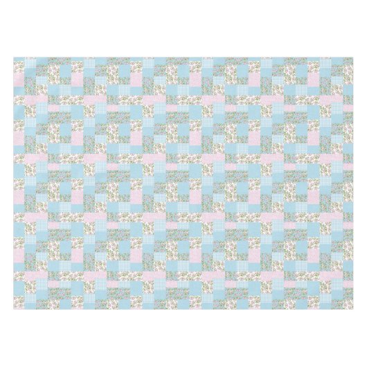 Faux Patchwork, Roze, Blauwe Apple Blossom Patrone Tafelkleed (Voorkant (Horizontaal))