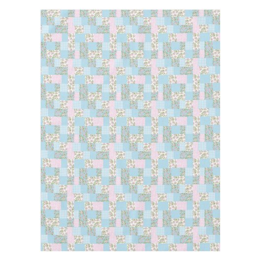 Faux Patchwork, Roze, Blauwe Apple Blossom Patrone Tafelkleed (Voorkant)