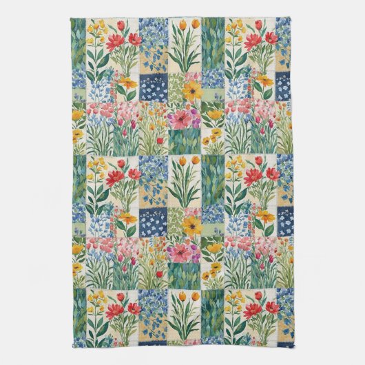 Faux Patchwork Tuin Bloemen Retro Elegant  Theedoek (Verticaal)