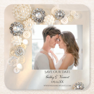Faux Pearl Diamond Button Wedding Save the Date Kartonnen Onderzetters