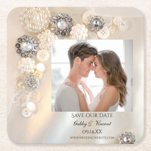 Faux Pearl Diamond Button Wedding Save the Date Kartonnen Onderzetters (Voorkant)