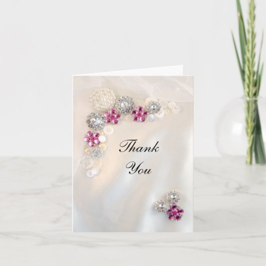 Faux Pearl en Pink Diamond Buttonnen Bedankkaart (Voorkant)