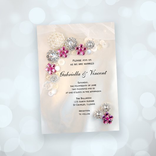 Faux Pink Diamond and White Pearl Buttonnen Weddin Kaart